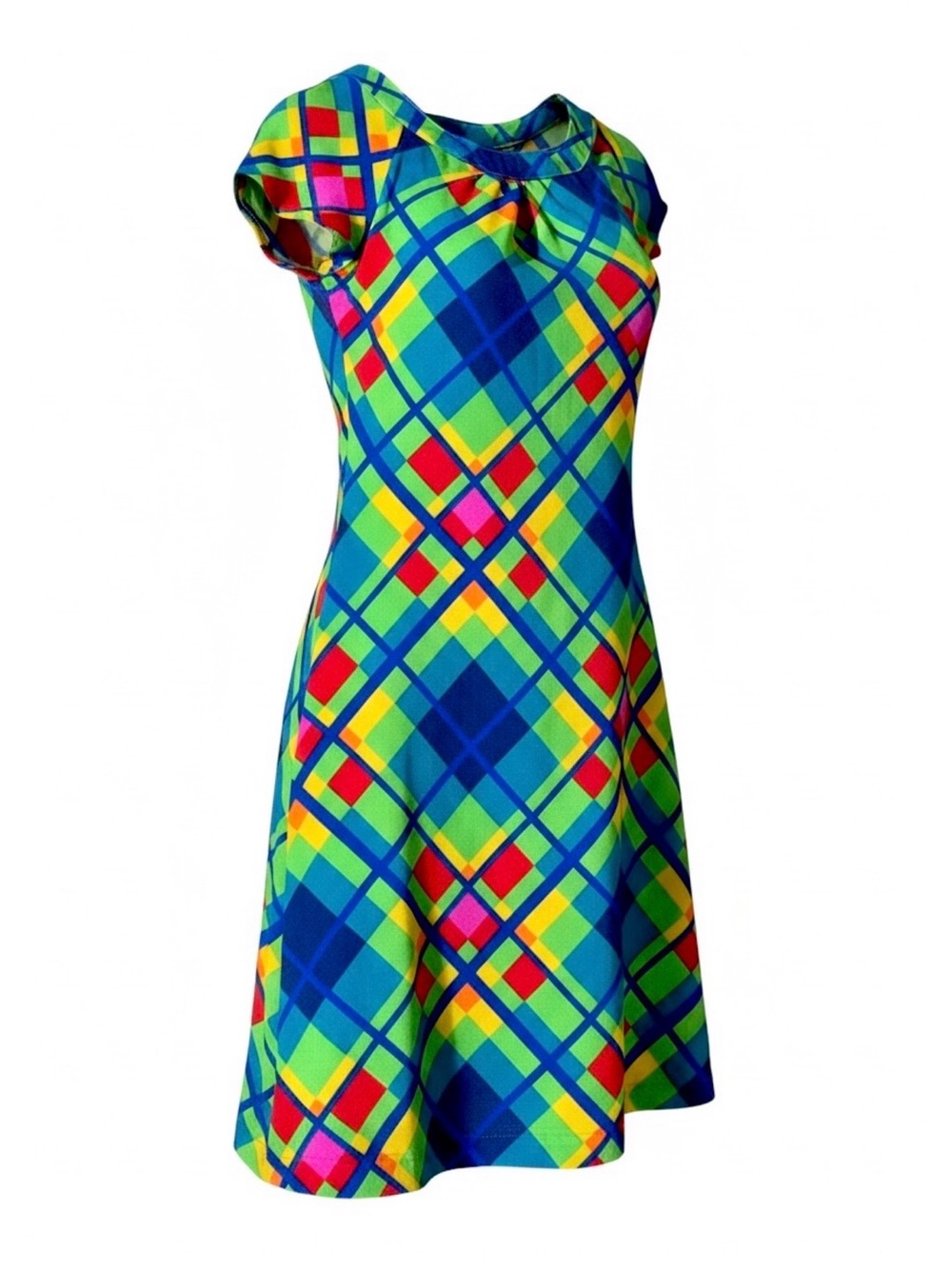 Women’s Handmade Vintage 1960/70s Blue & Green Plaid Fit-and-Flare Dress